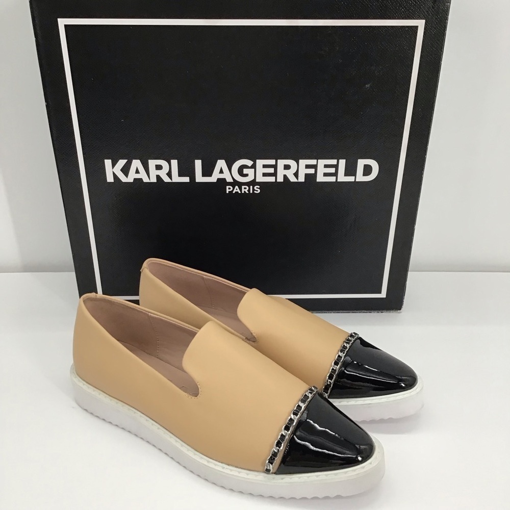 Karl Lagerfeld Paris Caralee Cap Toe Slip-On Sneaker Tan/Black NWOT Size 7